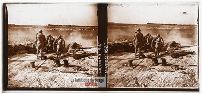 Souain, canon de 75 mm, guerre WW1, plaque verre photo ancienne stéréo 6x13 cm
