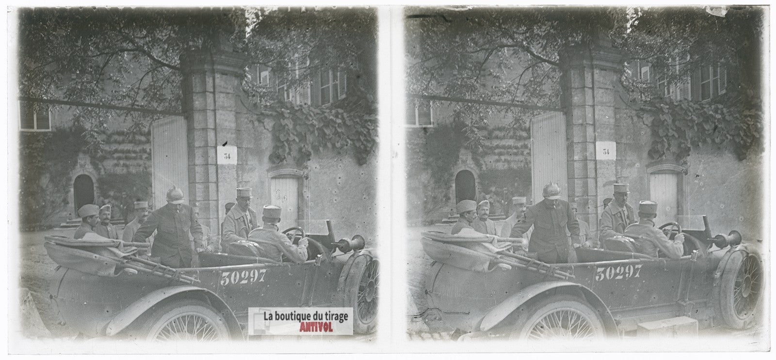 Voiture, officiers, guerre WW1, plaque verre photo ancienne stéréo 6x13 cm