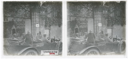 Voiture, officiers, guerre WW1, plaque verre photo ancienne stéréo 6x13 cm