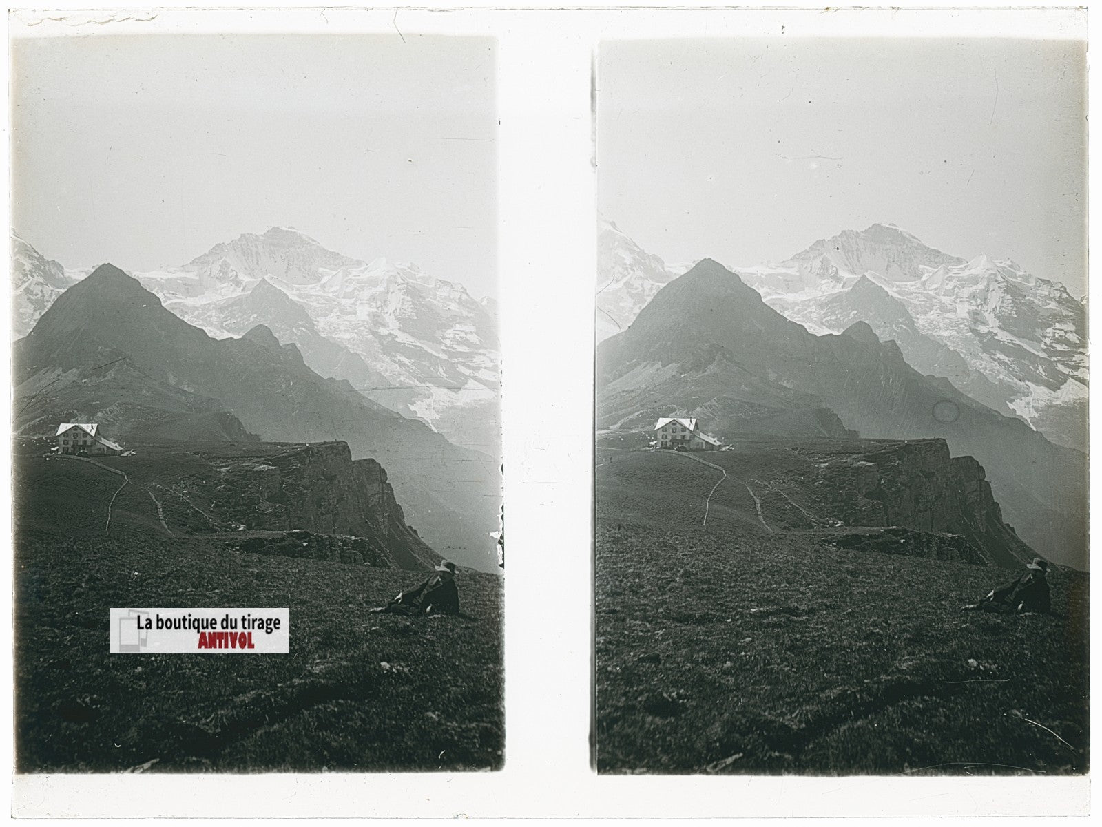 Randonneur, Alpes Suisse, stéréo photo plaque verre, noir & blanc, 9x12 cm