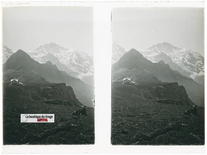 Randonneur, Alpes Suisse, stéréo photo plaque verre, noir & blanc, 9x12 cm