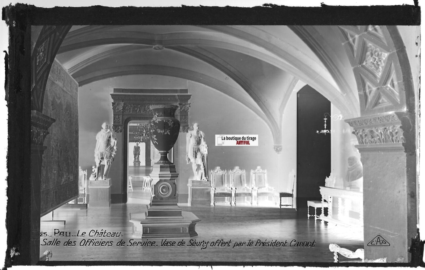 Plaque verre photo négatif noir & blanc 9x14 cm, château de Pau, salle officiers