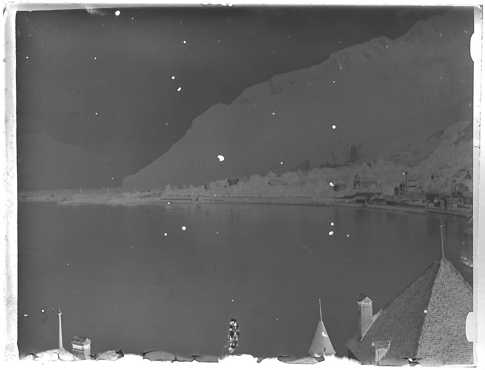 Plaque verre photo ancienne noir et blanc négatif 9x12 cm lac Chillon Suisse
