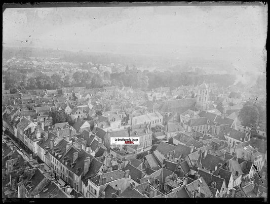 Ville à situer, rue, Plaque verre photo ancienne, négatif noir & blanc 9x12 cm