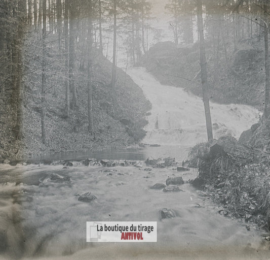Cascade de Retournemer, plaque verre stéréo, photo ancienne 4,5x10,7 cm