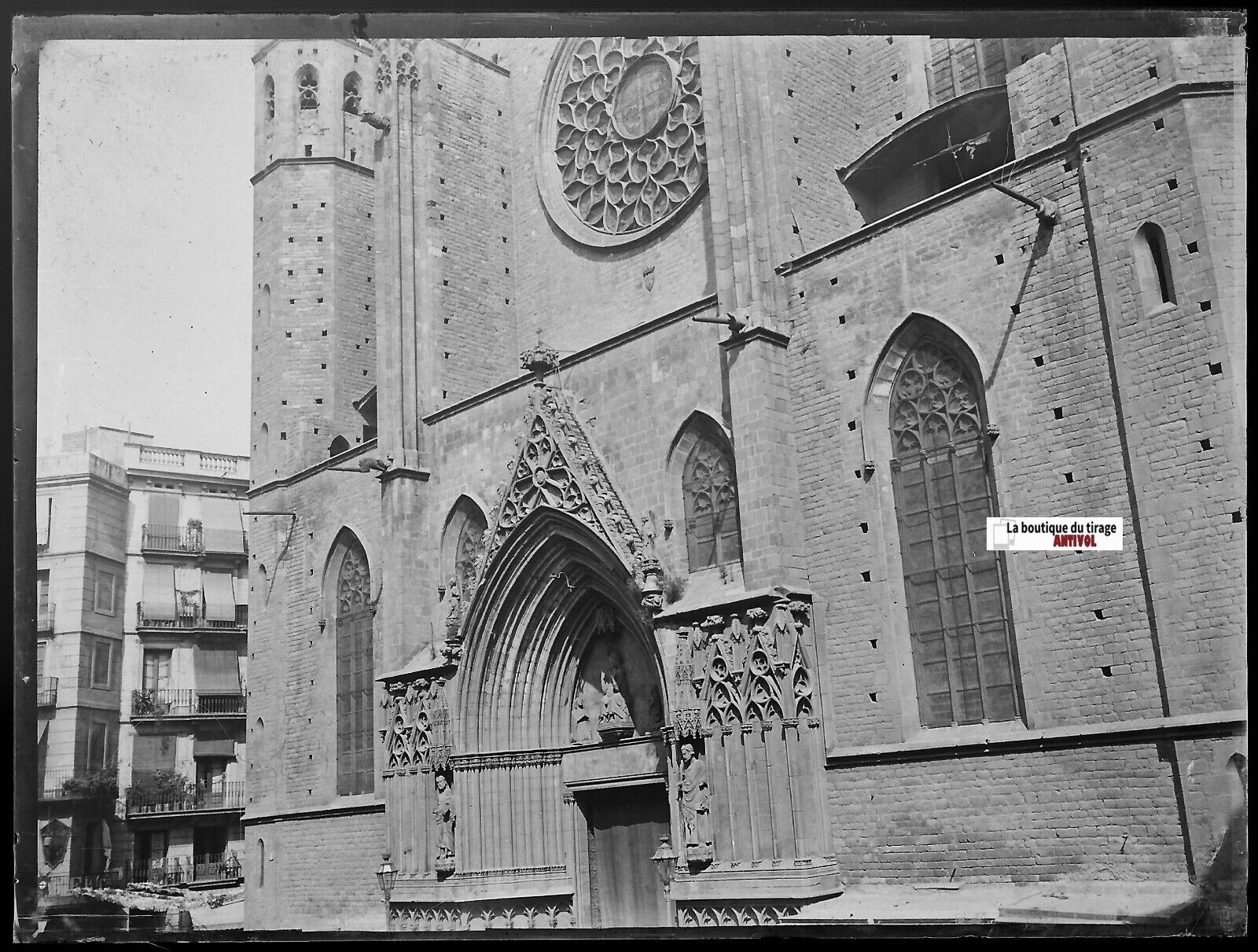 Barcelone, église, Plaque verre photo ancienne, négatif noir & blanc 9x12 cm