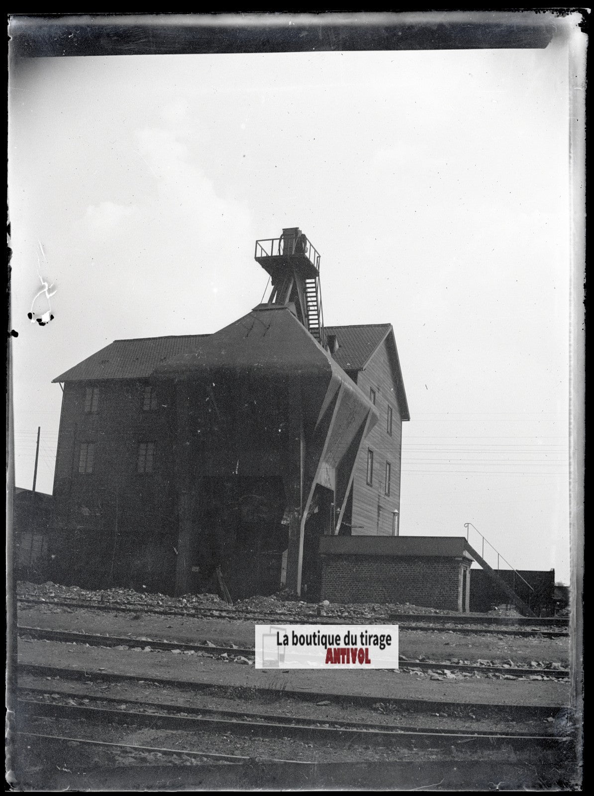 Trémie ferroviaire, photo ancienne plaque verre, négatif noir & blanc, 9x12 cm