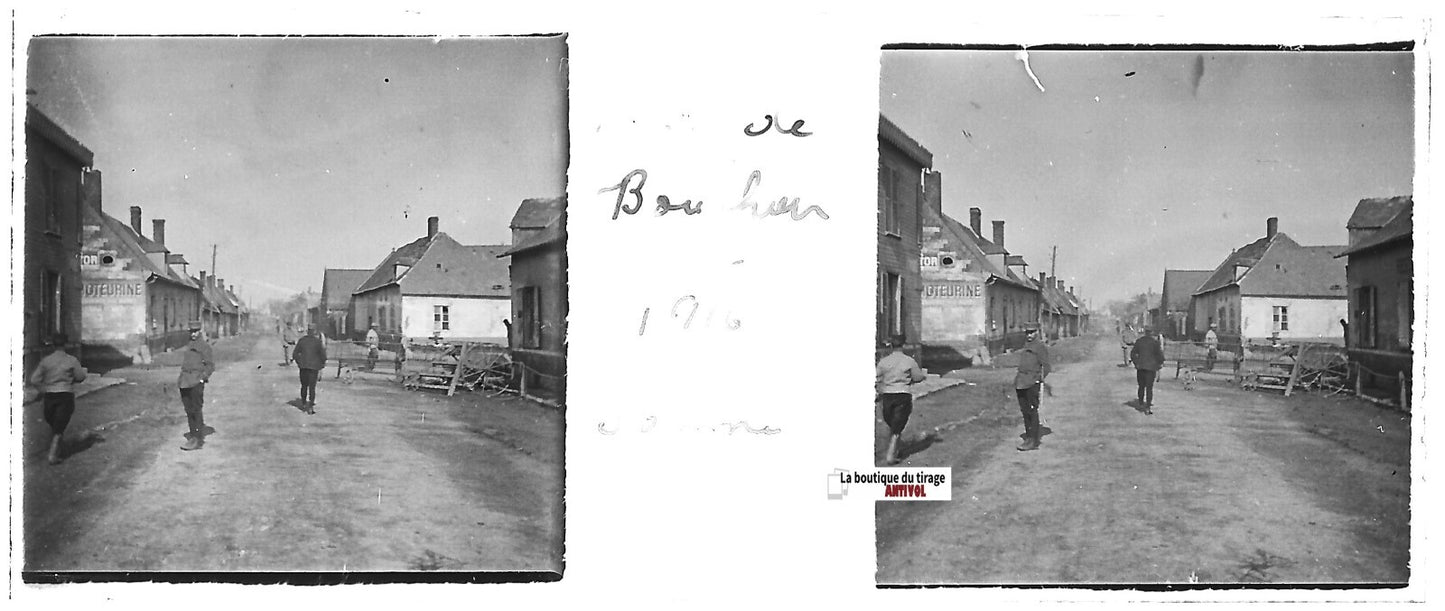Rue de Bouchoir, Plaque verre stéréo, positif ancien noir & blanc 4,5x10,7 cm
