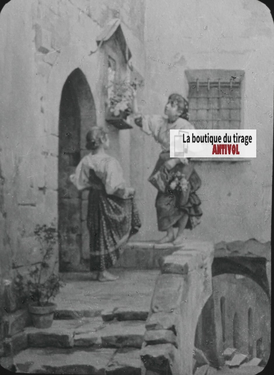 Scène religieuse, dessin, peinture, ancienne plaque de verre, positif 8,5x10 cm