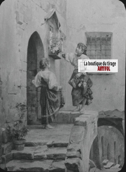 Scène religieuse, dessin, peinture, ancienne plaque de verre, positif 8,5x10 cm