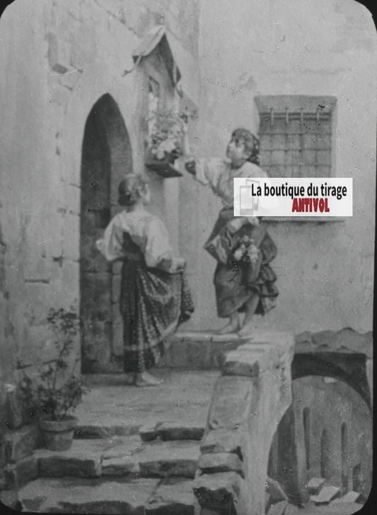 Scène religieuse, dessin, peinture, ancienne plaque de verre, positif 8,5x10 cm