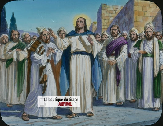 Jésus guérit un sourd-muet, dessin, plaque verre ancienne, couleur 8,5x10 cm