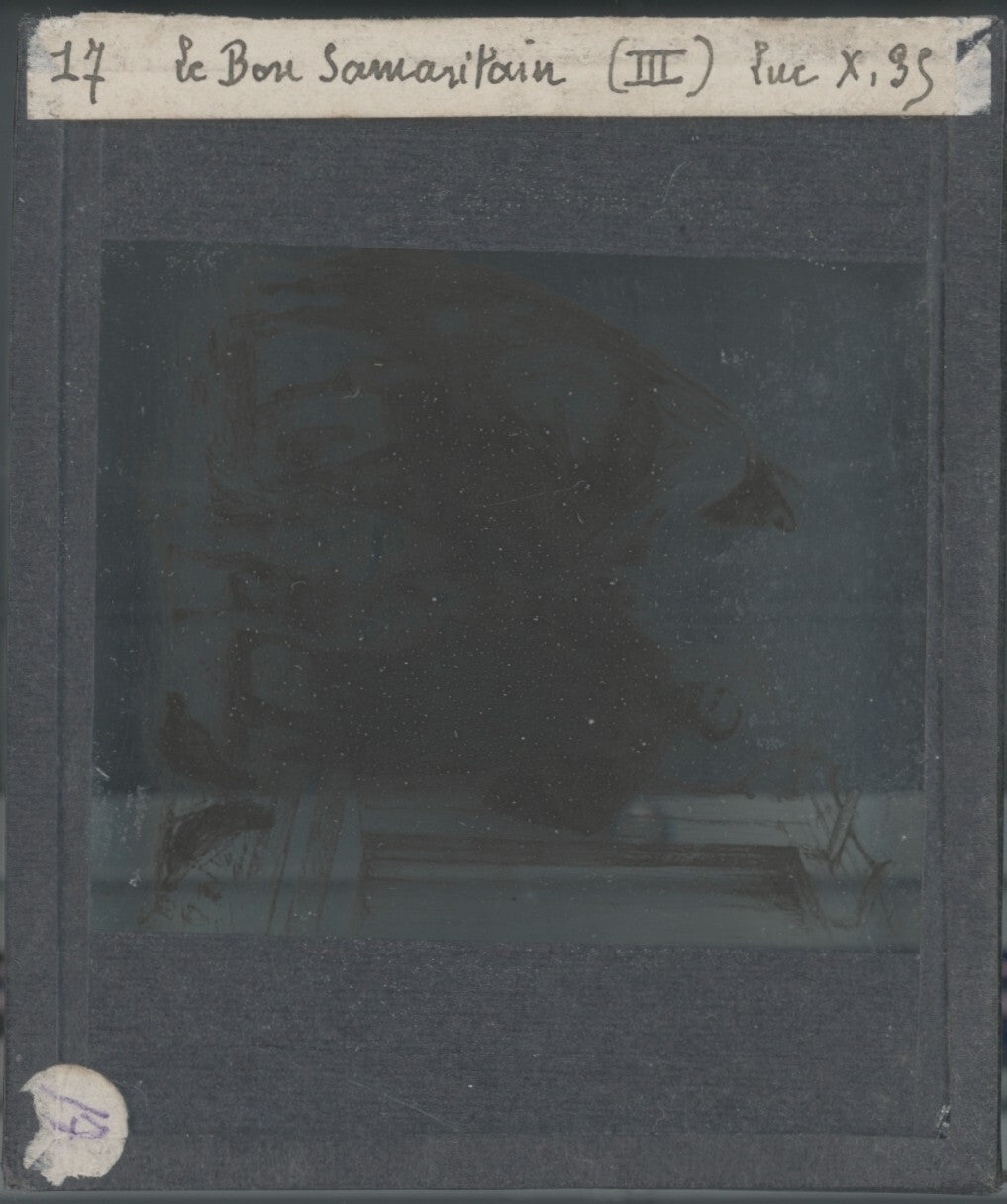 Luc, scène religieuse, dessin peinture plaque de verre, positif 8,5x10 cm