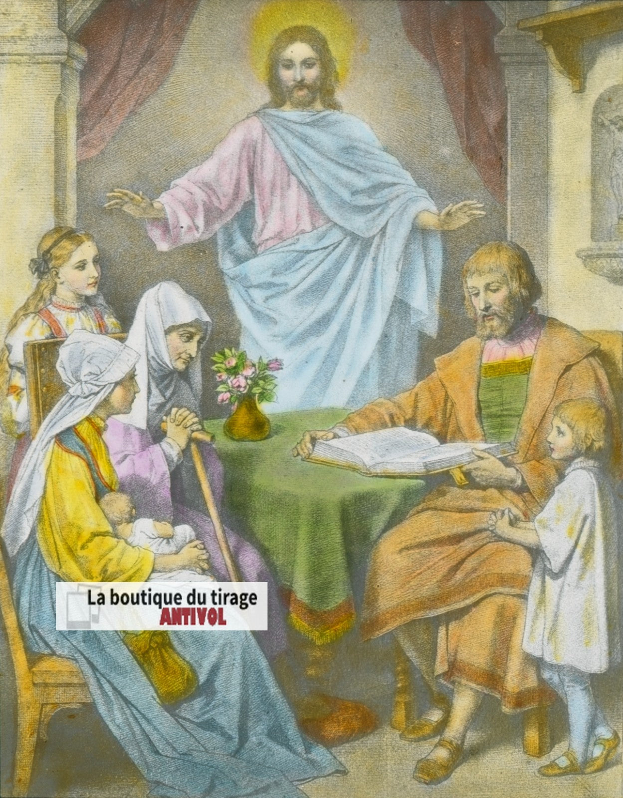 La prière en famille, Jésus, dessin, plaque verre ancienne, couleur 8,5x10 cm