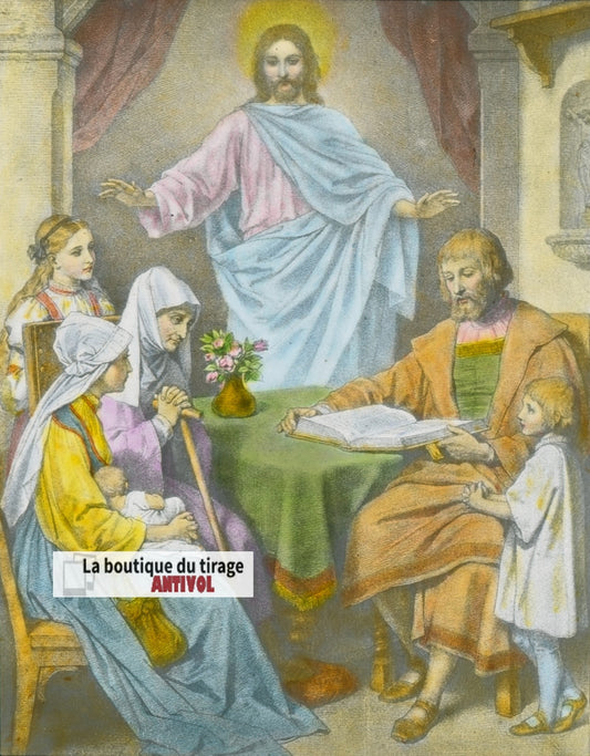 La prière en famille, Jésus, dessin, plaque verre ancienne, couleur 8,5x10 cm