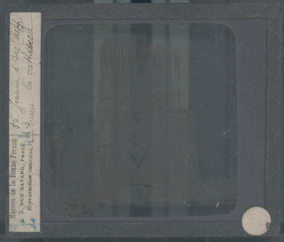 Cathédrale de Reims 1914, photo plaque verre, noir & blanc, positif 8,5x10 cm