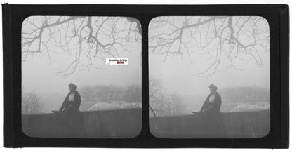 Femme, France, Plaque verre photo ancienne, stéréo positif noir & blanc 9x18 cm