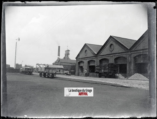 Usine, industrie, photo ancienne plaque verre, négatif noir & blanc, 9x12 cm