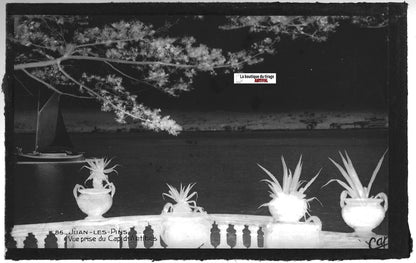 Plaque verre photo négatif noir & blanc 9x14 cm, Antibes, Juan-Les-Pins, bateau