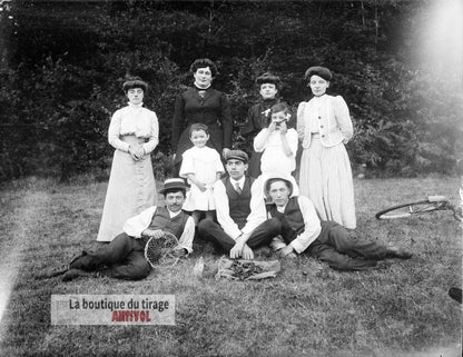 Sortie familiale à la campagne, plaque verre, photo ancienne, négatif 9x12 cm