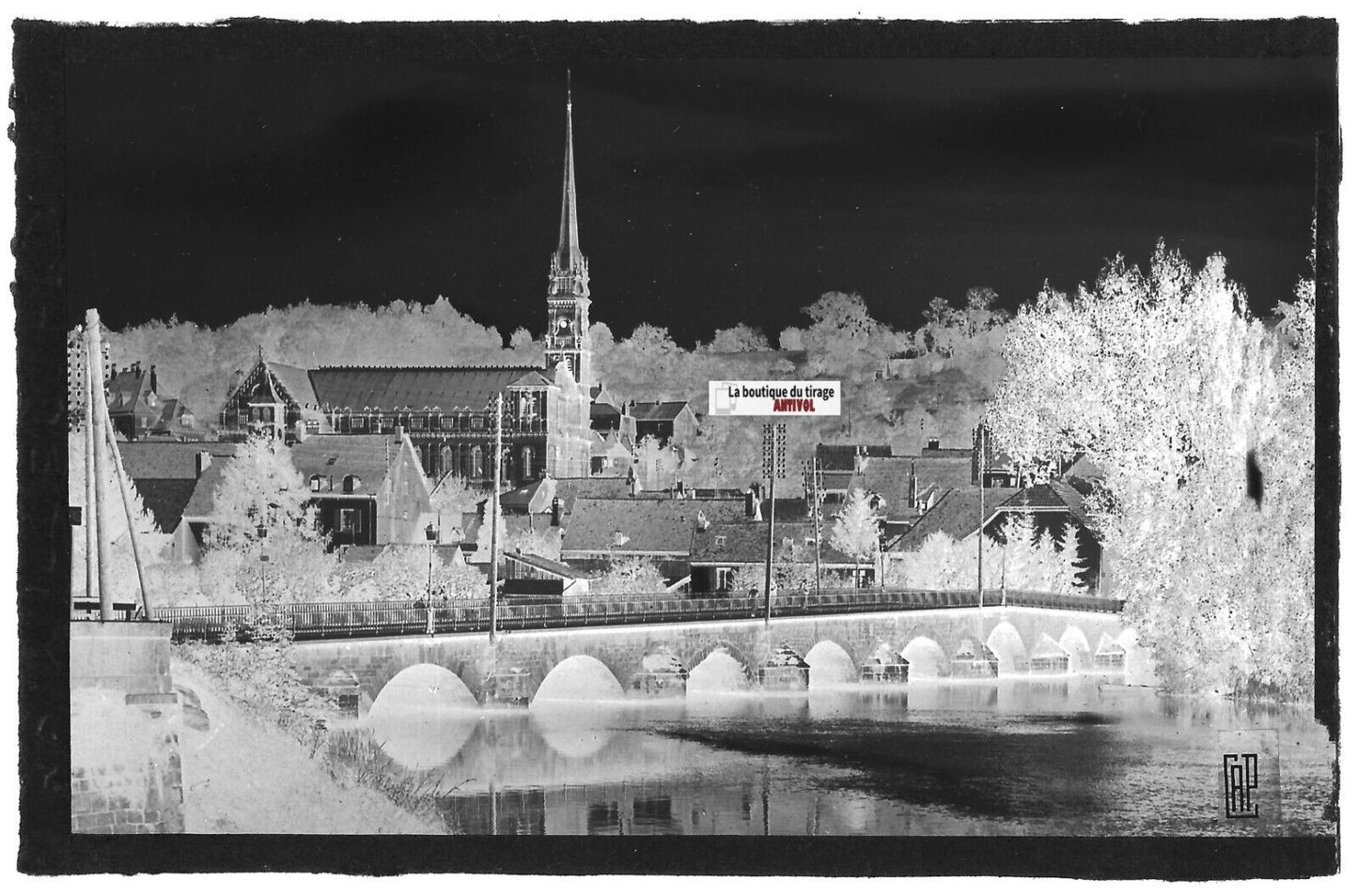 Plaque verre photo vintage négatif noir & blanc 9x14 cm Montbéliard, pont