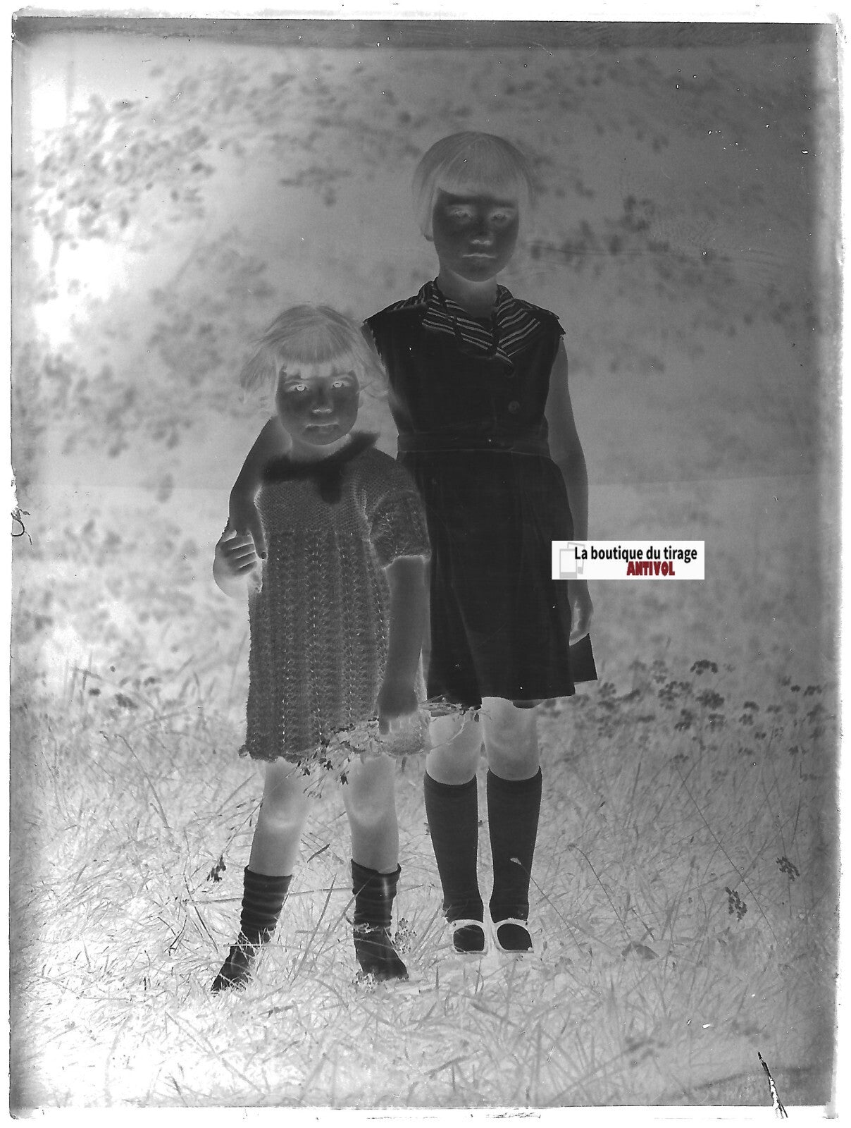 Filles, enfants, Plaque verre photo ancienne, négatif noir & blanc 9x12 cm