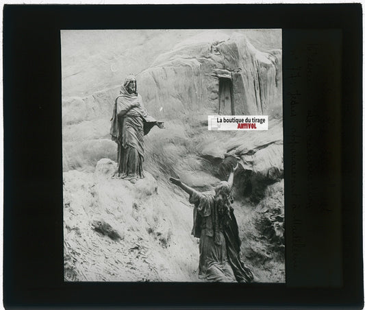 Jésus apparaissant à Madeleine, photo plaque verre, noir & blanc, 8,5x10 cm