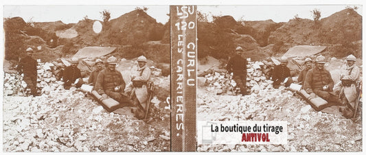 Curlu, soldats, guerre WW1, plaque verre stéréo, photo ancienne 4,5x10,7 cm