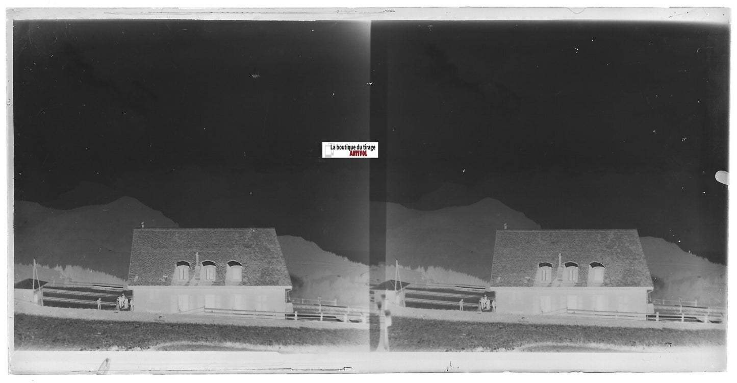 Maison, montagne, Plaque verre photo, stéréo négatif noir & blanc 9x18 cm