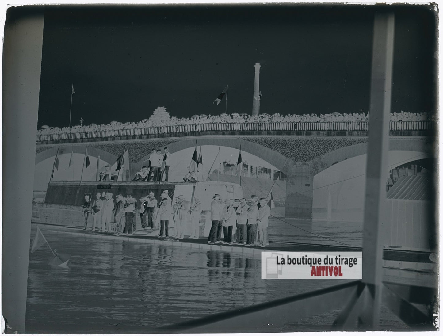 Fête nautique sur la Seine, Paris, plaque verre photo ancienne, négatif 9x12 cm