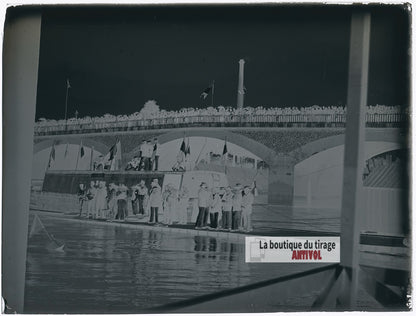 Fête nautique sur la Seine, Paris, plaque verre photo ancienne, négatif 9x12 cm