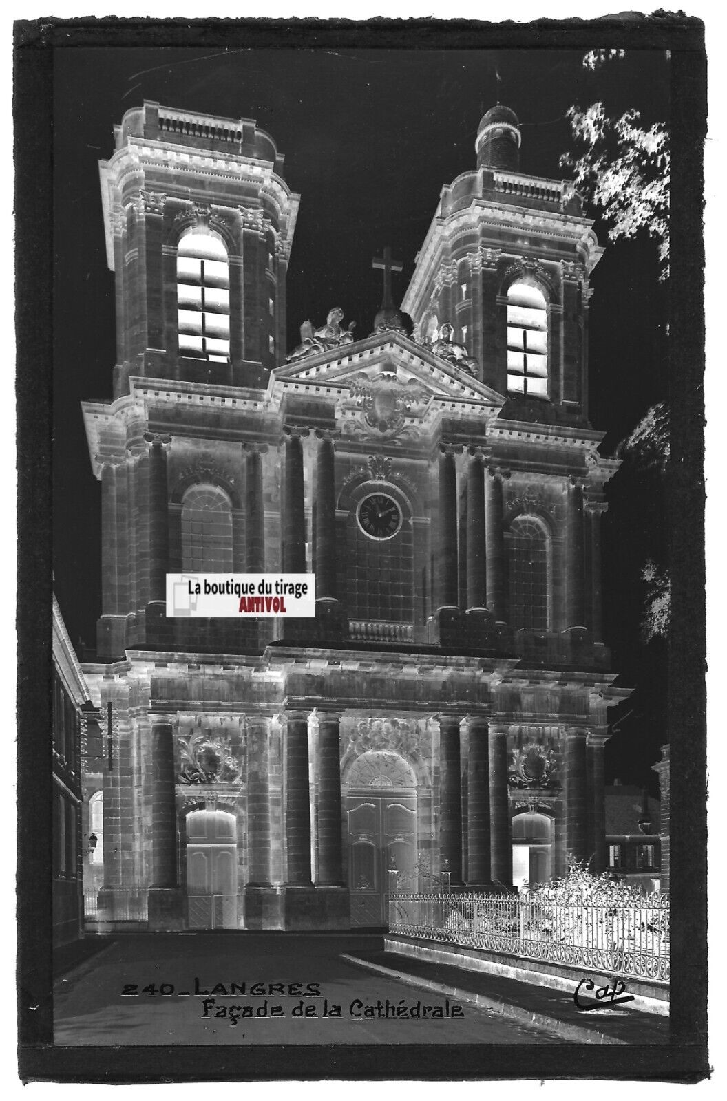 Plaque verre photo vintage négatif noir & blanc 9x14 cm Langres, cathédrale