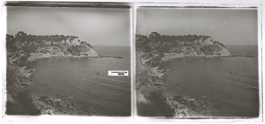 Plage, mer, Plaque verre photo ancienne stéréo, positif noir & blanc 6x13 cm