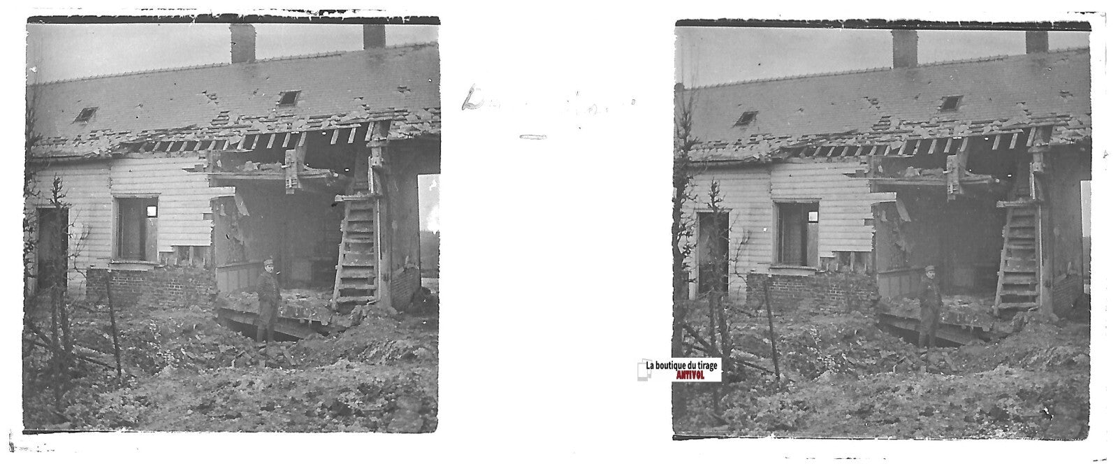 Bouchoir, guerre, Plaque verre stéréo positif ancien noir & blanc 4,5x10,7 cm