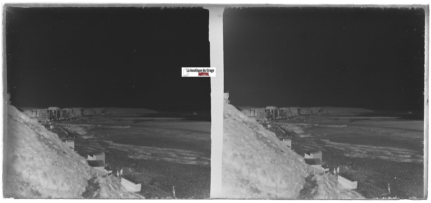 Plage Wimereux, Plaque verre photo stéréoscopique négatif noir & blanc 6x13 cm