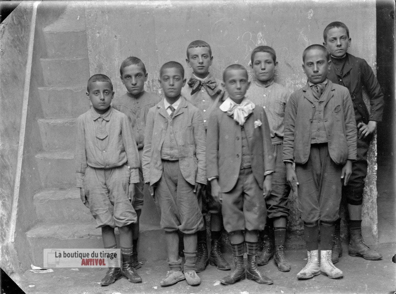 Groupe d’écoliers, garçons, plaque verre, photo ancienne, négatif 9x12 cm