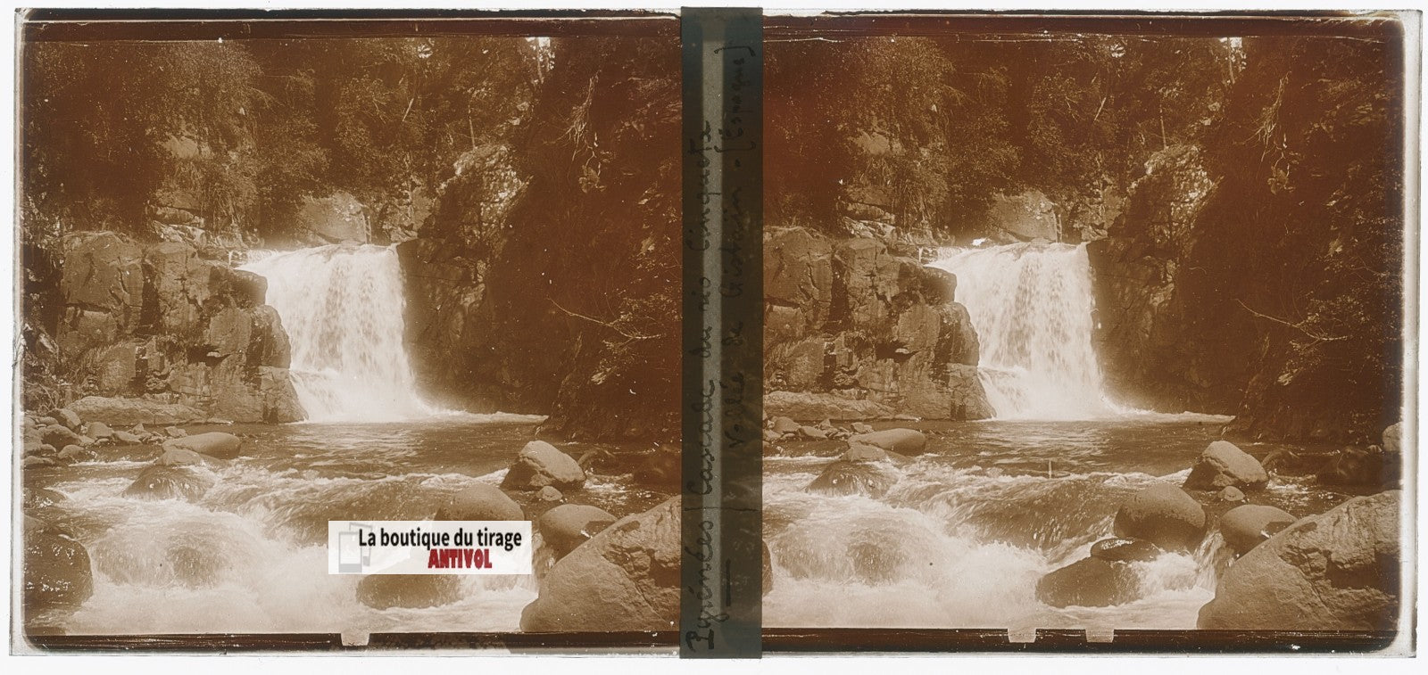 Cascade du río Cinqueta, plaque verre, photo ancienne stéréo, sépia 6x13 cm