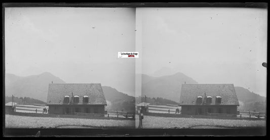 Maison, montagne, Plaque verre photo, stéréo négatif noir & blanc 9x18 cm