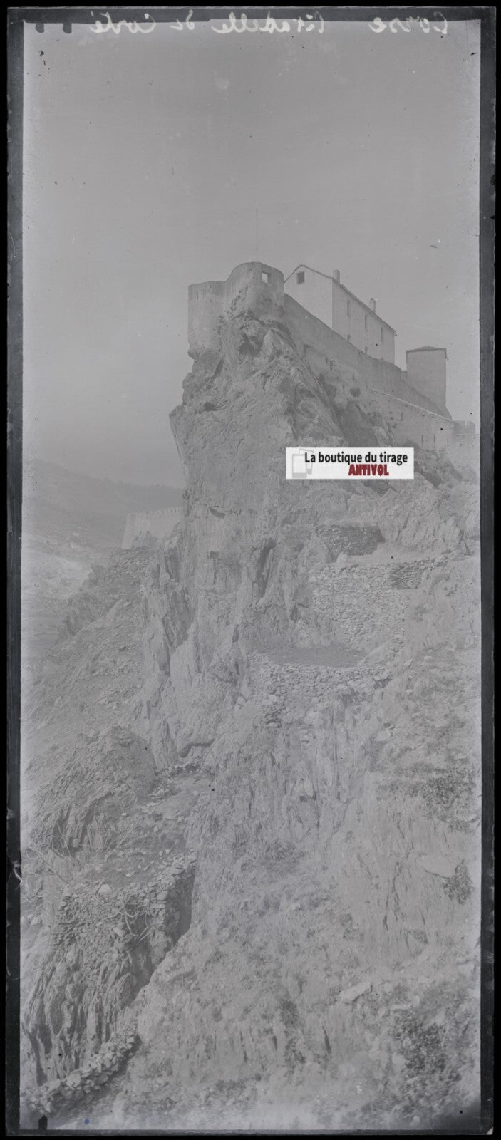 Citadelle de Corte, Corse paysage, photo ancienne plaque verre, négatif 8x18 cm