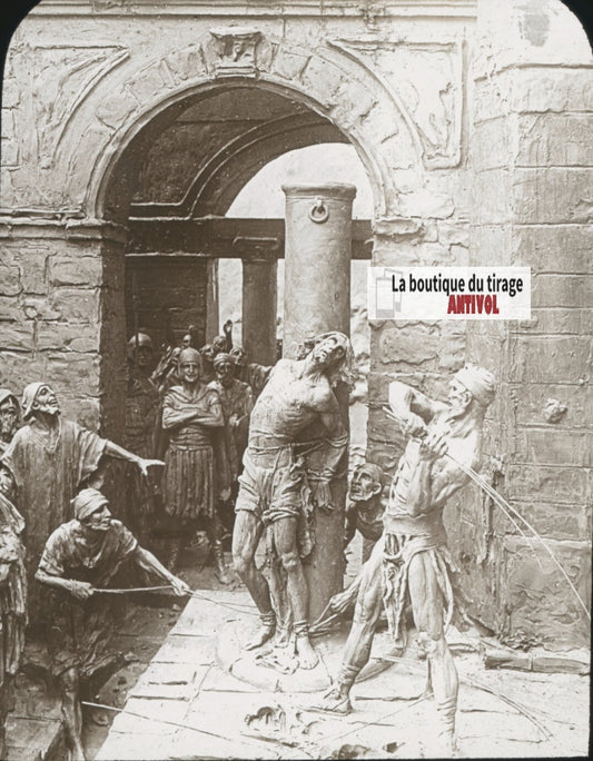 Flagellation du Christ, religion, sculpture, plaque verre, positif 8,5x10 cm