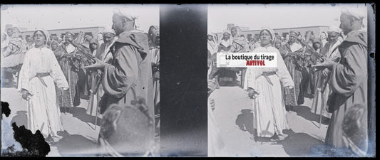 Personnages Maghreb, Plaque verre stéréo, négatif noir & blanc 4,5x10,7 cm