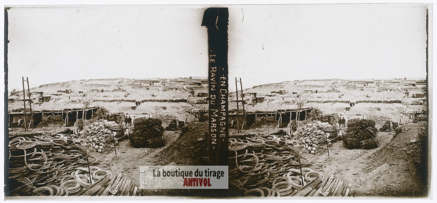 Ravin du Marson, guerre WW1, plaque verre photo ancienne stéréo 6x13 cm