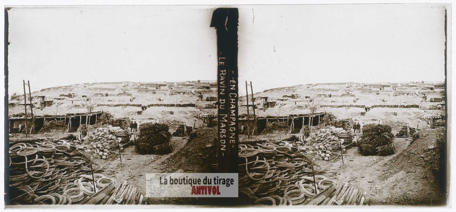 Ravin du Marson, guerre WW1, plaque verre photo ancienne stéréo 6x13 cm
