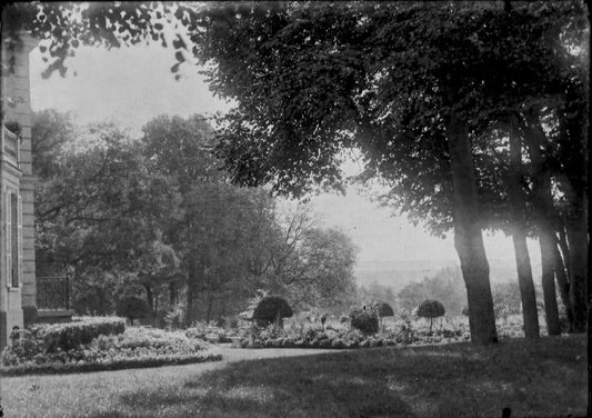 Plaque verre photo ancienne négatif 13x18 cm paysage arbres, château parc