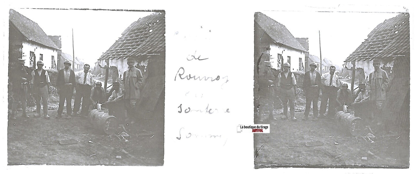 Rouvroy-en-Santerre, Plaque verre stéréo, positif noir & blanc 4,5x10,7 cm