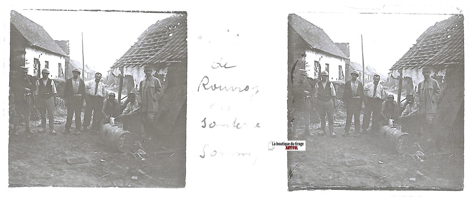 Rouvroy-en-Santerre, Plaque verre stéréo, positif noir & blanc 4,5x10,7 cm