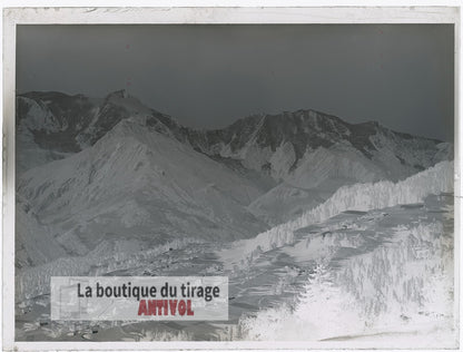 Mont-Blanc, vallée de l’Arve, plaque verre, photo ancienne, négatif 9x12 cm