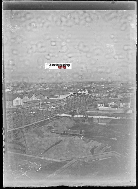 Usine, industrie, Plaque verre photo ancienne, négatif noir & blanc 6x9 cm