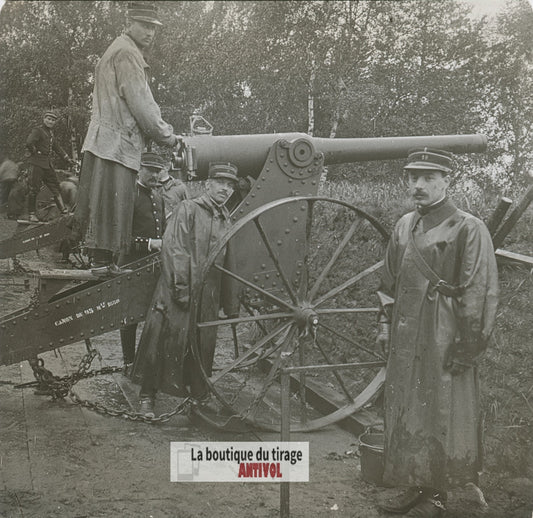 19ᵉ régiment d’artillerie canon, plaque verre stéréo, photo ancienne 4,5x10,7 cm