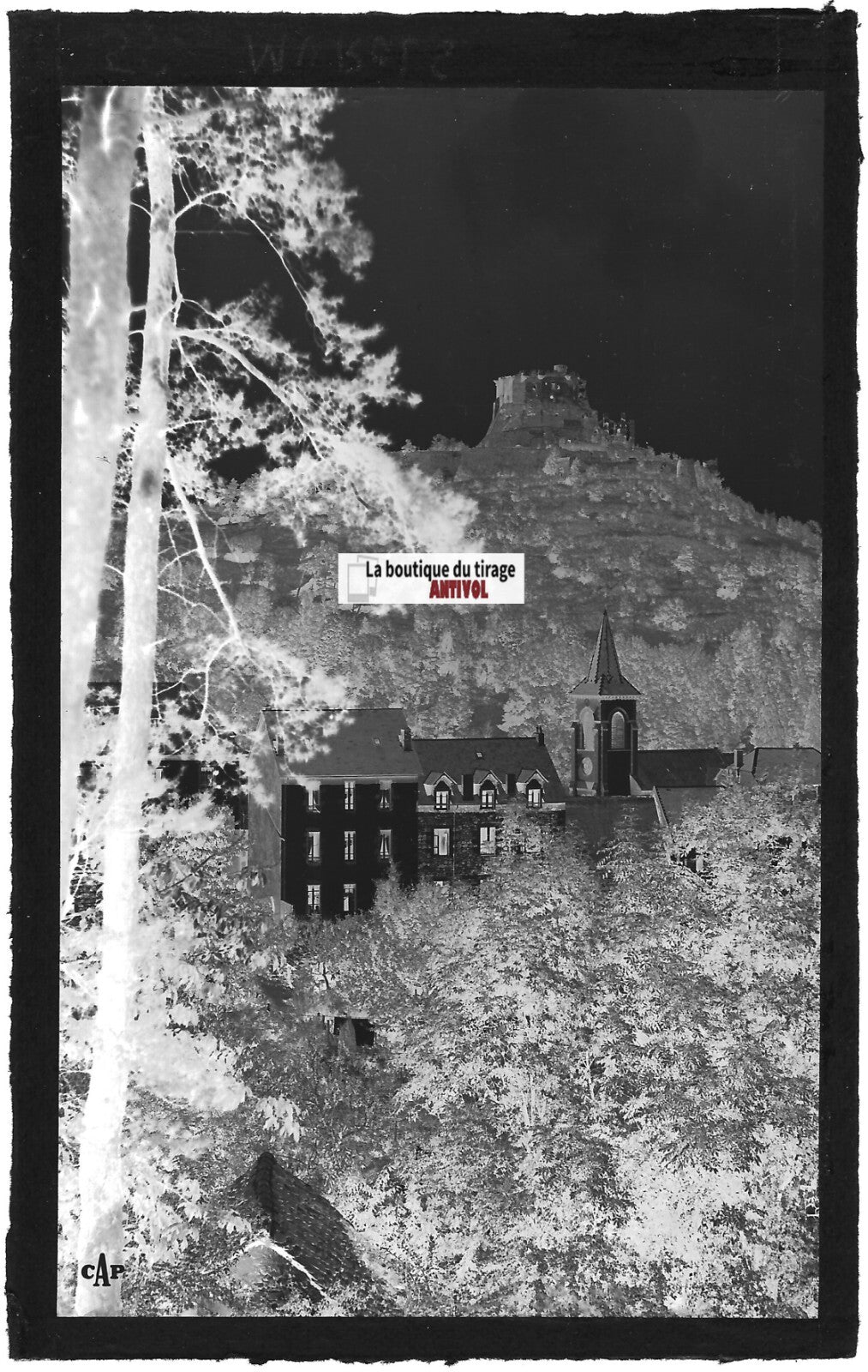 Plaque verre photo ancienne, négatif noir & blanc 9x14 cm, Murol, village